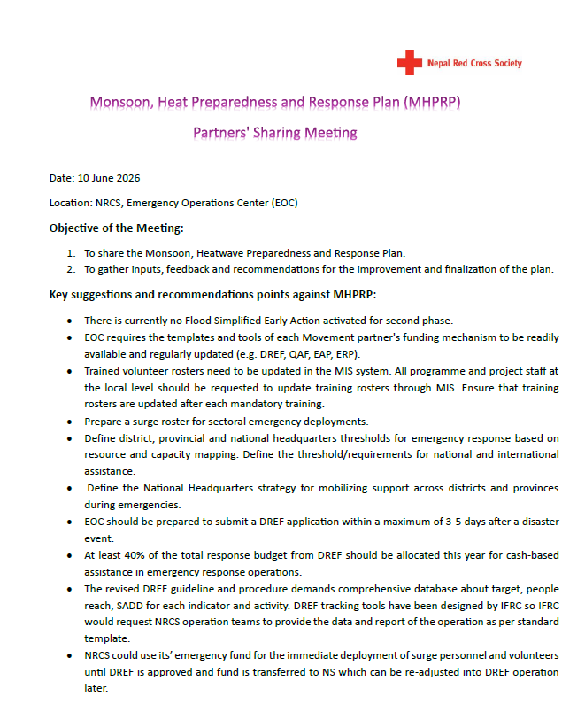 Mansoon, Heat preparedness and response plan partners sharing meeting Note